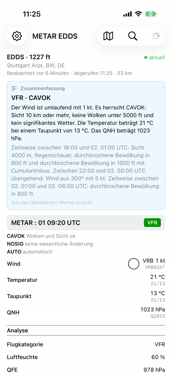 Hauptansicht mit Zusammenfassung und METAR