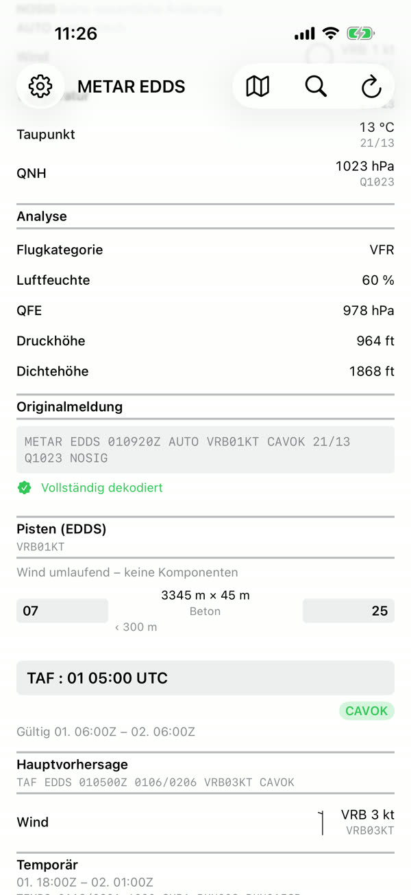 Dekodiertes METAR und Pisten mit Windkomponenten