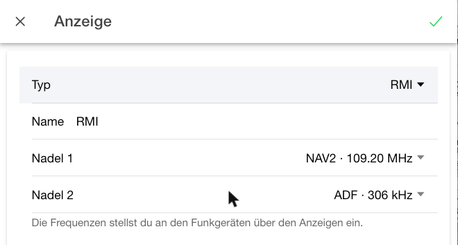 Einstellungen einer Anzeige: RMI mit Quellen NAV2 und ADF