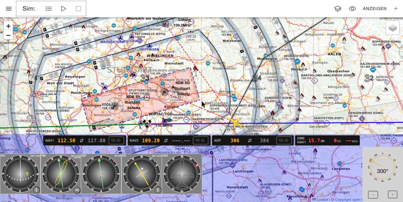 Navaid Simulator: Karte mit Funkfeuern, Funkgeräte-Leiste, Anzeigen und Kurswähler