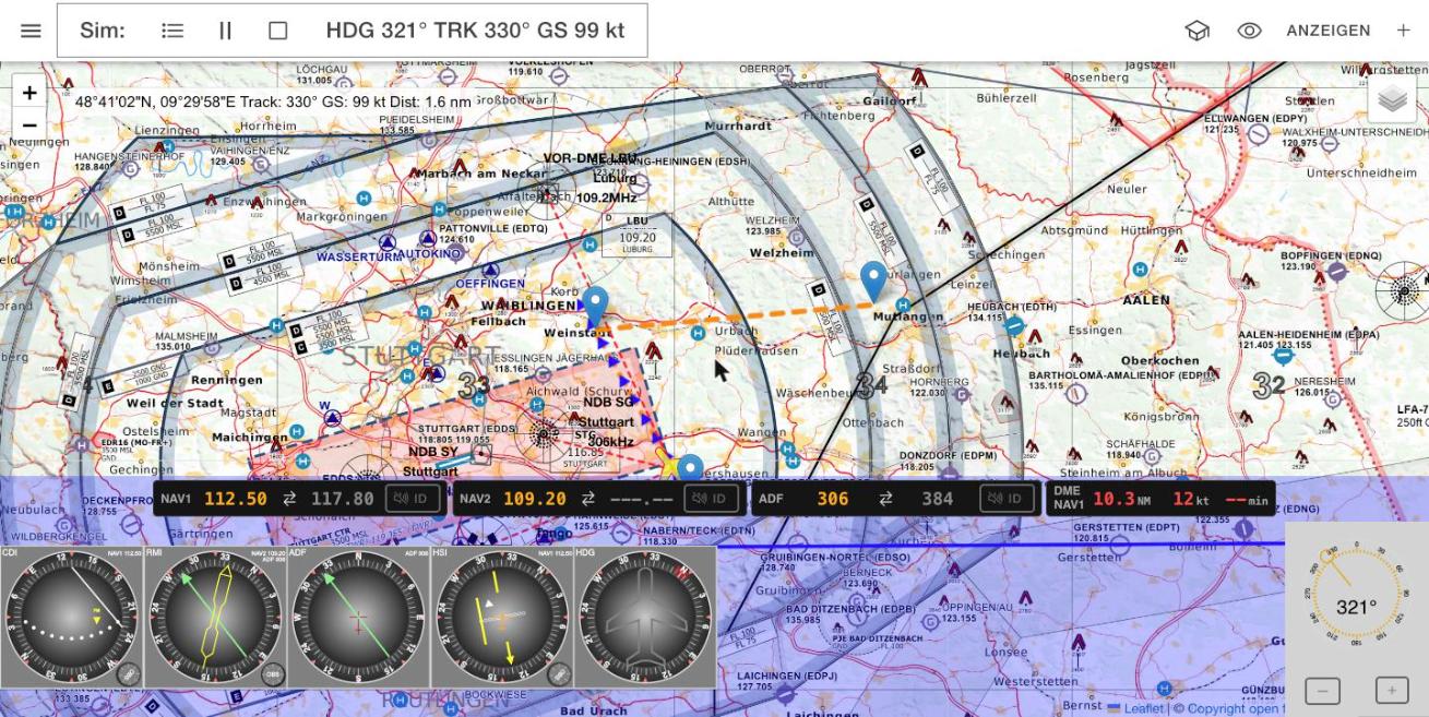 Routenflug: Wegpunkte, Route und Flugzeug mit Vorhaltewinkel
