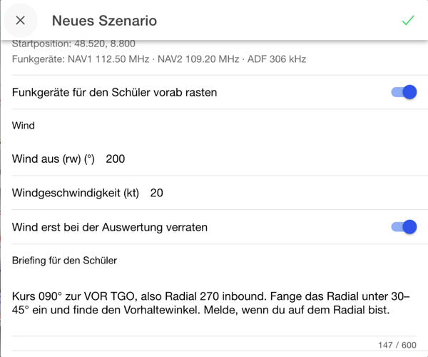 Editor, unterer Teil: Funkgeräte vorab rasten, Wind, Wind verdeckt, Briefing