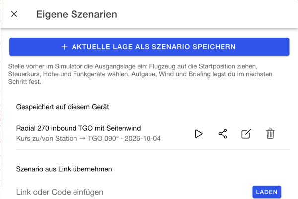 Liste der eigenen Szenarien mit Starten, Teilen, Bearbeiten und Löschen