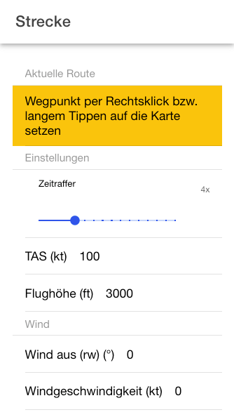 Strecken- und Simulationsmenü mit Zeitraffer, TAS, Flughöhe und Wind