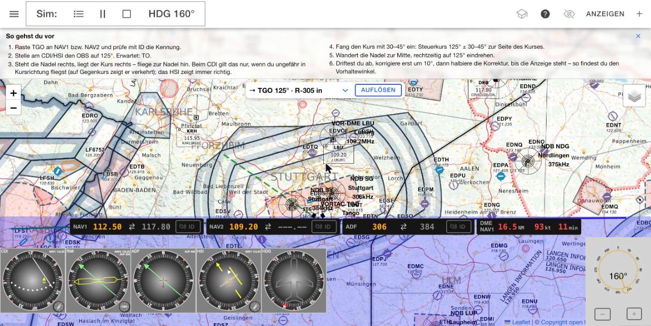 Kursübung im Flug: eingeklappte Aufgabe, Anleitung, CDI und HSI auf Kurs 125